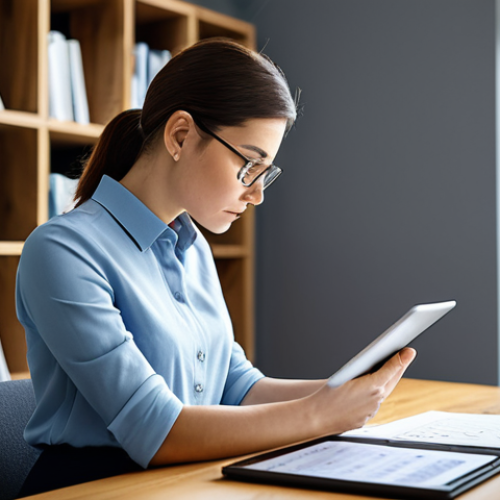 A focused professional woman, in a modest business casual outfit, sits at a clean wooden desk in a modern, brightly lit home office. She is reviewing complex financial documents and a digital tablet, with a neatly organized planner beside her. Her posture is natural, reflecting deep concentration. The background shows soft, blurred bookshelves and a window. Perfect anatomy, correct proportions, well-formed hands, proper finger count. Professional photography, high quality, realistic. Safe for work, appropriate content, fully clothed, professional dress.
