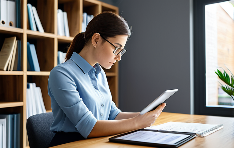 A focused professional woman, in a modest business casual outfit, sits at a clean wooden desk in a modern, brightly lit home office. She is reviewing complex financial documents and a digital tablet, with a neatly organized planner beside her. Her posture is natural, reflecting deep concentration. The background shows soft, blurred bookshelves and a window. Perfect anatomy, correct proportions, well-formed hands, proper finger count. Professional photography, high quality, realistic. Safe for work, appropriate content, fully clothed, professional dress.