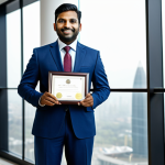 A confident Indian male financial professional, in his late 30s, wearing a crisp, modest business suit, standing proudly in a modern, well-lit financial institution lobby. He holds a framed certificate subtly, representing achievement and credibility. The background features blurred glass walls showing a bustling cityscape, conveying a dynamic financial market. The overall scene exudes professionalism and trustworthiness. fully clothed, appropriate attire, modest clothing, safe for work, appropriate content, professional dress, perfect anatomy, correct proportions, natural pose, well-formed hands, proper finger count, natural body proportions, high quality professional photography.