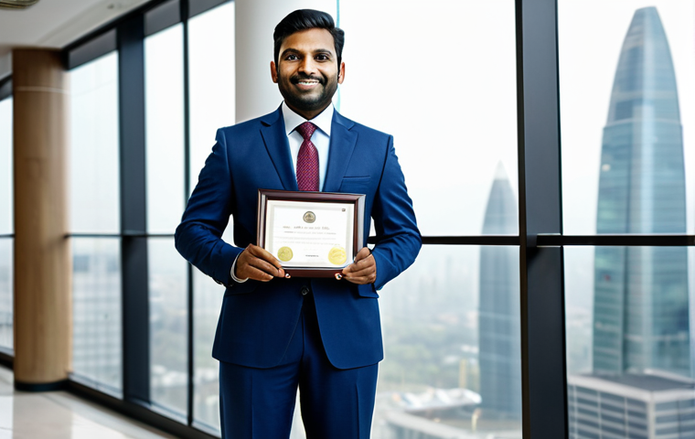 A confident Indian male financial professional, in his late 30s, wearing a crisp, modest business suit, standing proudly in a modern, well-lit financial institution lobby. He holds a framed certificate subtly, representing achievement and credibility. The background features blurred glass walls showing a bustling cityscape, conveying a dynamic financial market. The overall scene exudes professionalism and trustworthiness. fully clothed, appropriate attire, modest clothing, safe for work, appropriate content, professional dress, perfect anatomy, correct proportions, natural pose, well-formed hands, proper finger count, natural body proportions, high quality professional photography.