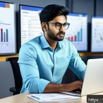 AFP 시험 후 경험담 나누기 - A young Indian professional man in business casual attire, confidently working on a laptop in a mode...