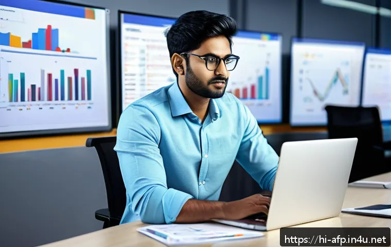 AFP 시험 후 경험담 나누기 - A young Indian professional man in business casual attire, confidently working on a laptop in a mode...